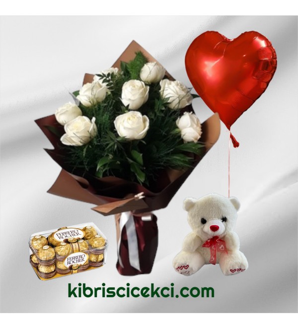 9 Beyaz Gül Buketi Ayıcık 16'lı Ferrero Çikolata Kalp Helyum Balon